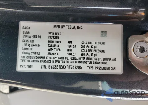 2024 Tesla Model 3 из США, поврежденный, VIN 5YJ3E1EAXRF747285